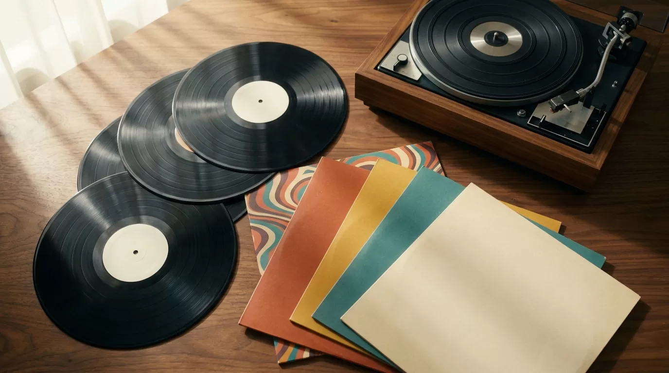 Colección de discos de vinilo y tocadiscos vintage sobre una mesa de madera