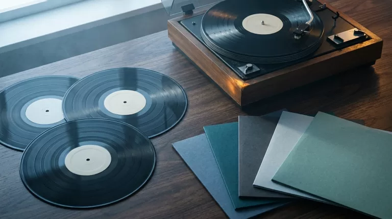 Tocadiscos y discos de vinilo sobre una mesa de madera, ambiente frío y melancólico